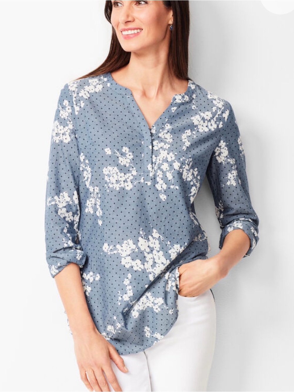 Talbots FLORAL DOT CHAMBRAY TOP